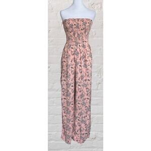 Pink Floral Paisley Smocked Strapless Gauze Jumpsuit Sz M Bohemian Cottagecore